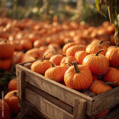 Wooden crate filled with pumpkins in a field