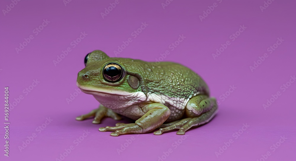 Fototapeta premium Small green frog on purple background
