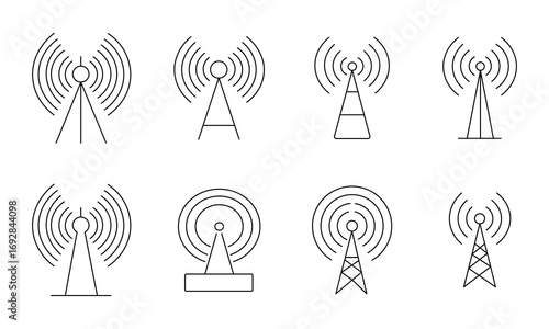 tower icon set vector on white background. antenna, tower, communication, radio, signal, wireless, technology, transmission, network, internet, wave, broadcast, symbol.