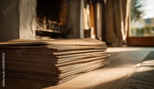Stack of cardboard sheets near fireplace