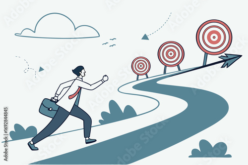 Businessman running up a winding path towards multiple targets representing success goals and achievements in a career journey