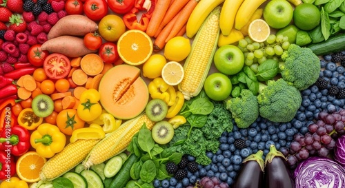A vibrant array of fresh fruits and vegetables is meticulously arranged in a colorful spectrum The produce forms a rainbow pattern showcasing a diverse selection of healthy ingredients