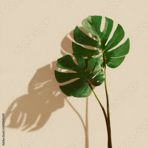 Two monstera leaves, pale beige background