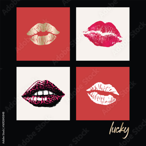 Pop art lips illustration with kiss print pattern and lipstick design for trendy fashion tshirt print modern artwork and stylish graphic poster