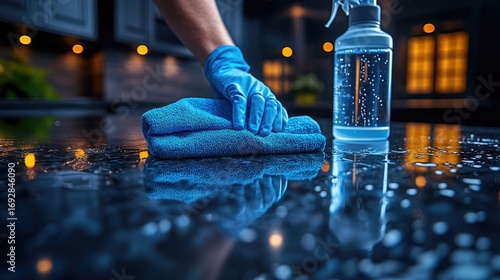 Cleaning kitchen countertop at night with blue rag and spray bottle
