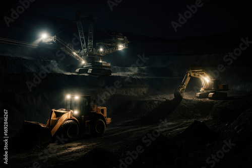 Heavy machinery operating under the moonlight in an expansive open-pit mine, revealing the intricacies of nighttime excavation and earth-moving processes.