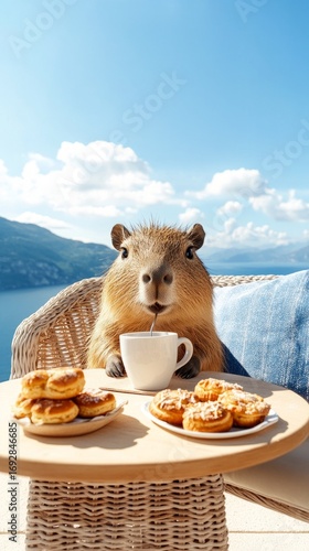 Cute capybara enjoys coffee and pastries on a sunny terrace overlooking a lake