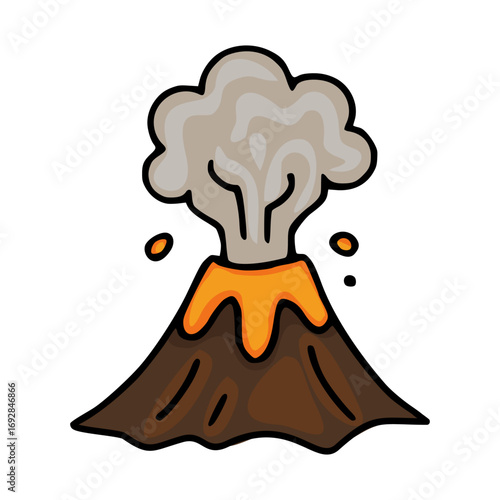 Adorable vector illustration of a cartoon volcano erupting with orange lava and grey smoke, featuring a playful hand-drawn style and bold outlines.