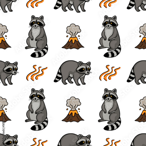 Seamless vector pattern featuring playful raccoons and erupting volcanoes, creating a whimsical and adventurous design ideal for various applications.