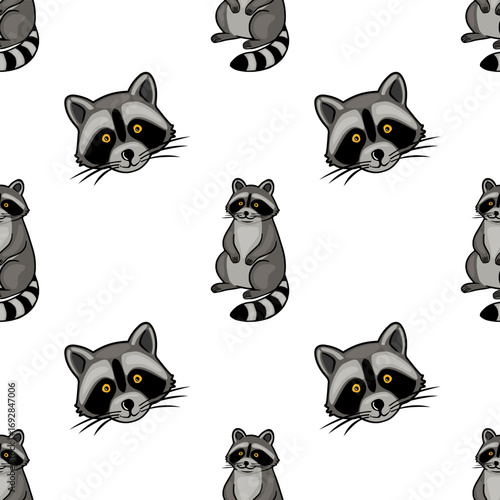 Seamless vector pattern featuring playful raccoons in sitting and peeking poses, alternating in a charming design with a white background, showcasing a unique blend of cartoon and slightly realisti...