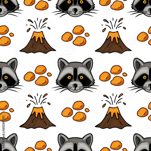 Seamless vector pattern featuring playful raccoon faces, erupting volcanoes, and scattered orange lava drops, creating a quirky and vibrant design.