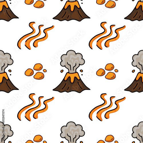 Seamless vector pattern featuring hand-drawn cartoon volcanoes erupting orange lava and smoke, accompanied by scattered rocks and lava flows, creating a playful yet dynamic design.