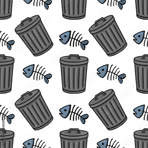 Seamless vector pattern featuring dark grey trash cans and stylized fish bones on a white background, creating a quirky and slightly unsettling repeat design.