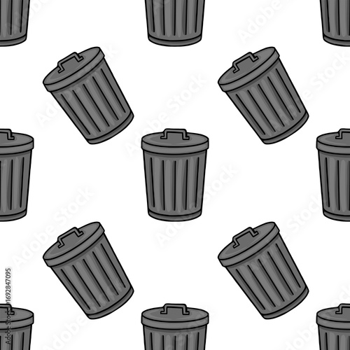 Seamless vector pattern of hand-drawn dark grey trash cans with lids, featuring a playful, slightly tilted arrangement against a clean white background.
