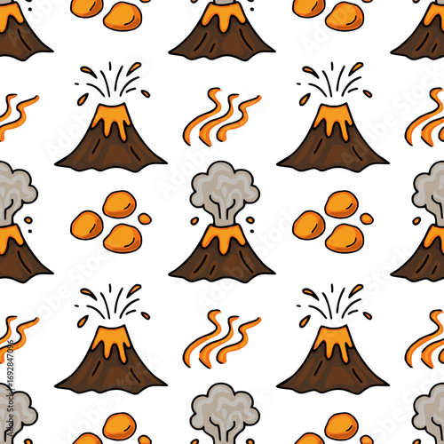 Seamless vector pattern of cartoon volcanoes erupting lava, rocks and smoke, perfect for kids illustrations or playful designs.