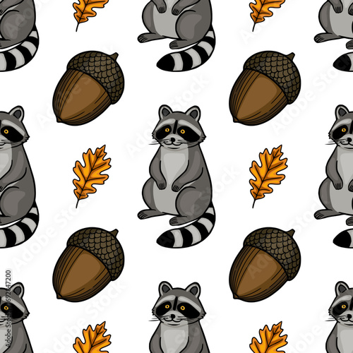 Adorable Seamless Vector Pattern Featuring Cartoon Raccoons, Acorns, and Autumn Oak Leaves on a White Background
