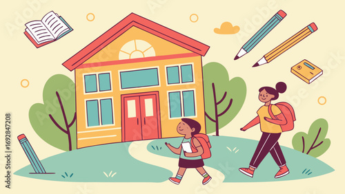 Happy child and mother walking to school building, cheerful cartoon style illustration