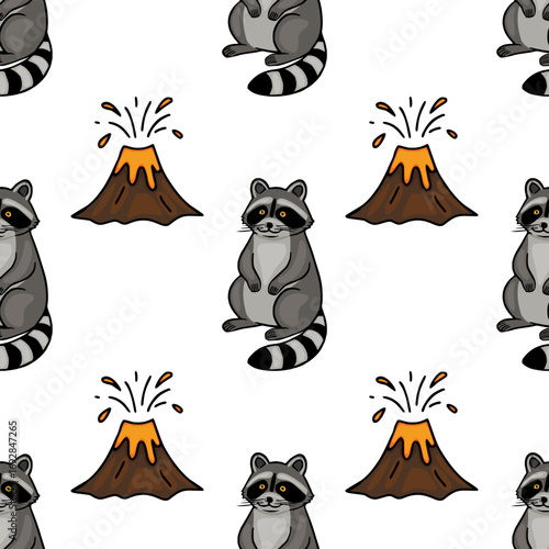 Seamless vector pattern featuring adorable cartoon raccoons and erupting volcanoes, creating a playful and whimsical design perfect for kids products or nature-themed projects.