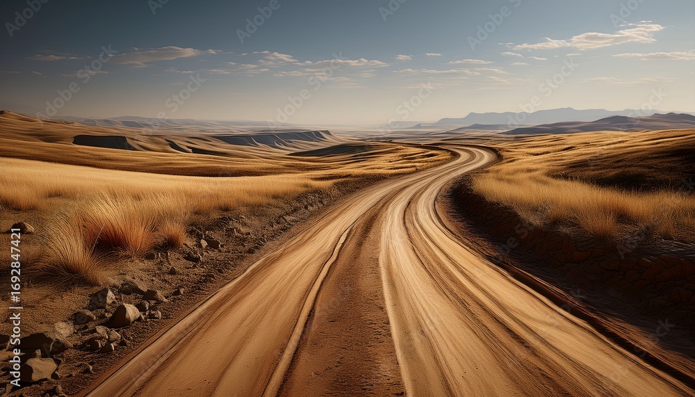Naklejka premium a well worn winding dirt road with visible textured earth and dry grassy edges curves forward into the distance