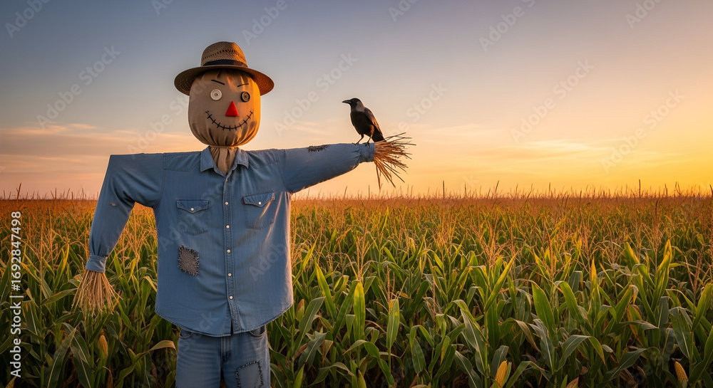 Fototapeta premium A weathered scarecrow stands guard in a cornfield at sunset with a crow perched on its arm