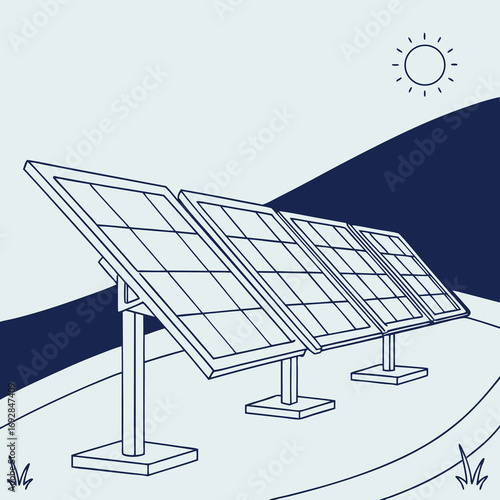 Minimalist futuristic solar panel line art with clean energy concept