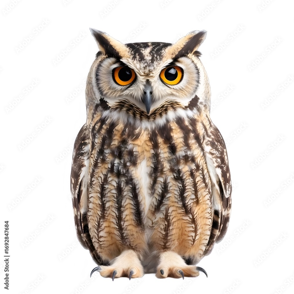Fototapeta premium 白い背景に茶色と白の羽を持つフクロウのポートレート