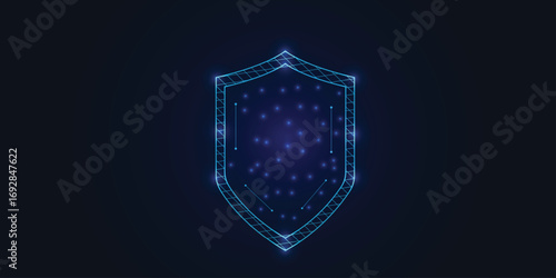 Neon blue digital shield with glowing low poly lines and particles, cybersecurity protection, data privacy, firewall, encryption and network security.