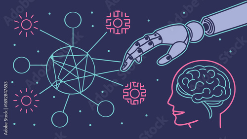 AI Robotic Hand Reaching Human Brain Neural Network Connection Abstract Art