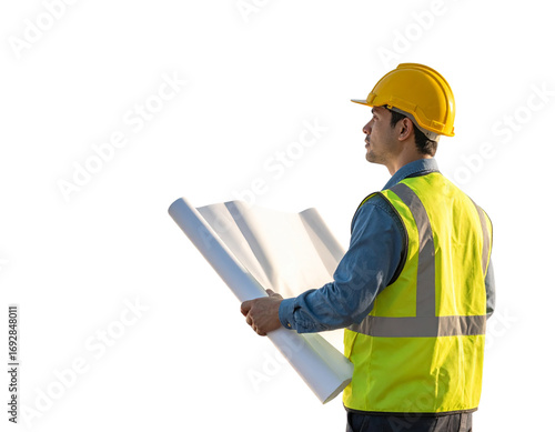  Civil Engineer in Yellow Helmet Overlooking Bridge Construction Site, Side View, isolated on transparent background png