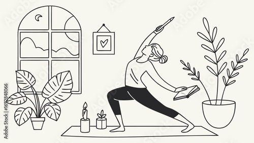 Serene Woman Practicing Yoga, Writing, Reading; Minimalist Line Art Illustration
