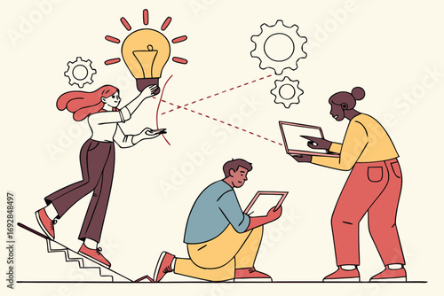Diverse team collaborating to spark innovative ideas with a glowing lightbulb and connecting gears symbolizing progress and synergy