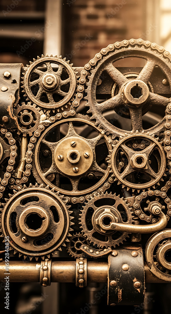 Fototapeta premium Closeup of intricate steampunk gears and cogs machinery for mechanical engineering design projects
