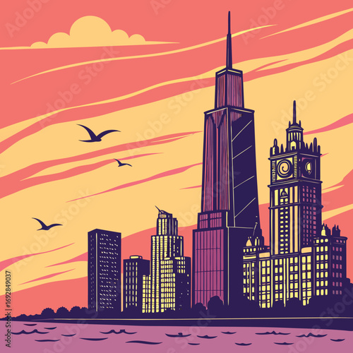 Vibrant city skyline silhouette at sunset with colorful sky and urban landscape elements
