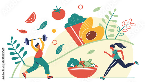 Healthy Lifestyle:  Vibrant Illustration of Fitness and Nutrition,  Active People, Fresh Produce