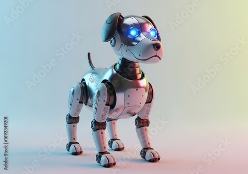Anjing robot futuristik dengan mata biru bercahaya yang menawarkan estetika teknologi modern untuk proyek inovatif