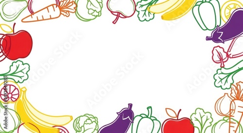 A vibrant border of outlined fruits and vegetables on a white background featuring apples bananas carrots and bell peppers