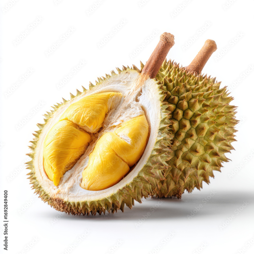 Fototapeta premium Sliced Durian Fruit with Spiky Skin on White Backdrop