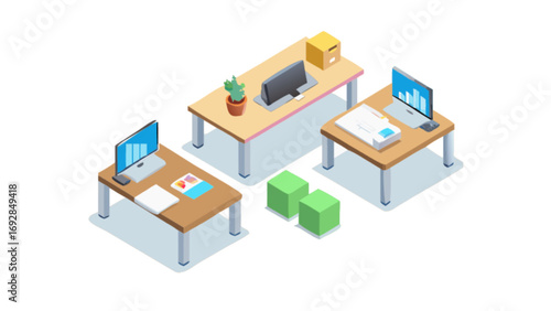 Isometric office desks with computers and plants