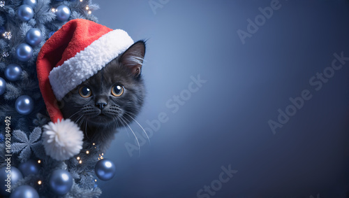 Funny kitten in Santa hat with Christmas tree on dark blue background, text space