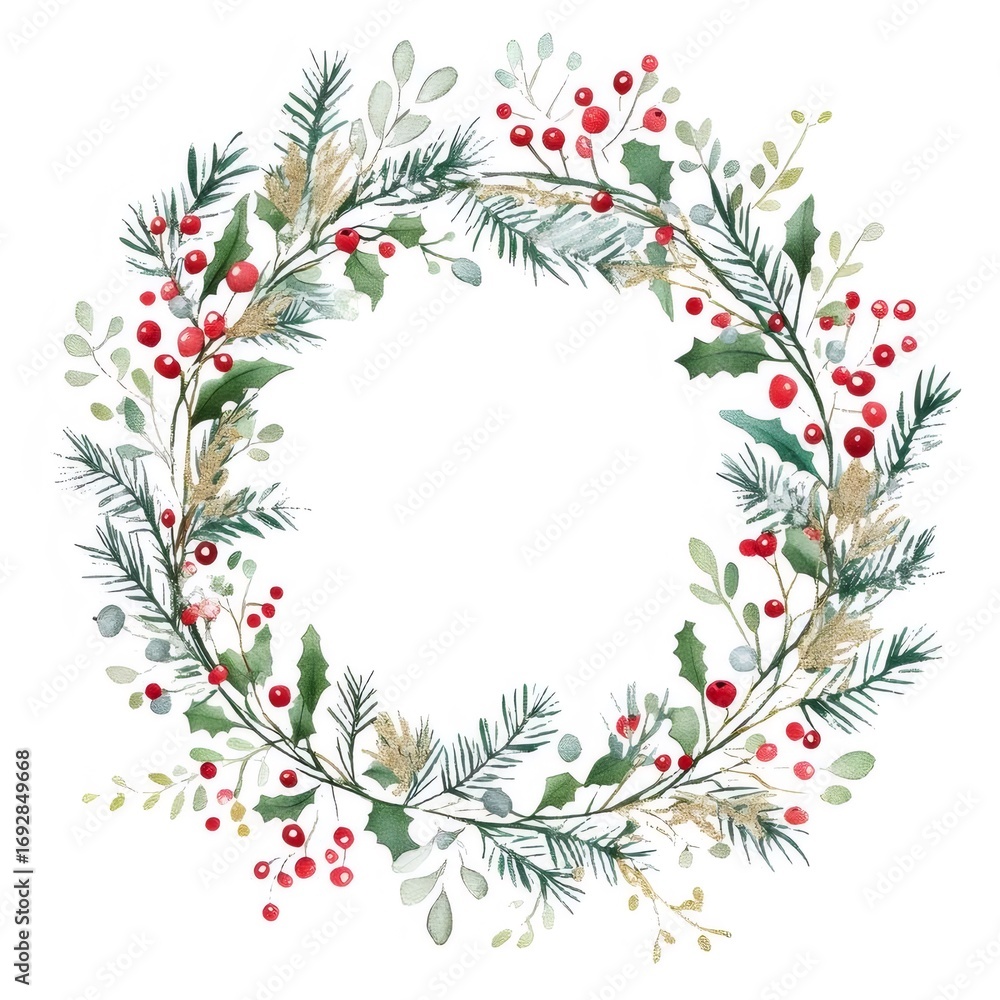 Obraz premium 水彩のクリスマスリースと赤いベリー 白い背景の植物の緑の枝とホリーの葉と季節のお祝い