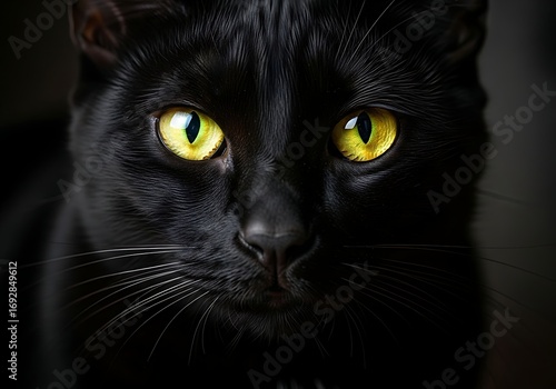 Kucing hitam yang memukau dengan mata kuning yang mencolok, potret kucing yang menawan dan misterius untuk proyek Anda