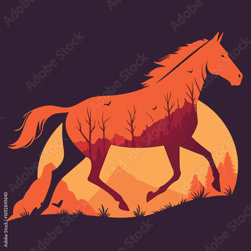 Dynamic silhouette of a powerful running horse captured in motion showcasing speed and grace