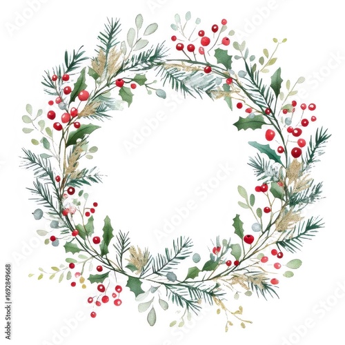 水彩のクリスマスリースと赤いベリー 白い背景の植物の緑の枝とホリーの葉と季節のお祝い