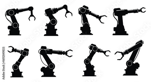 industrial robotic arms in various positions and orientations