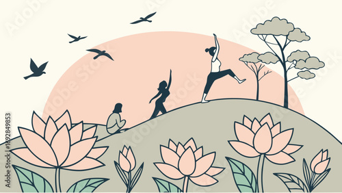 Serene Women Yoga Pose Hilltop Sunset Landscape Illustration