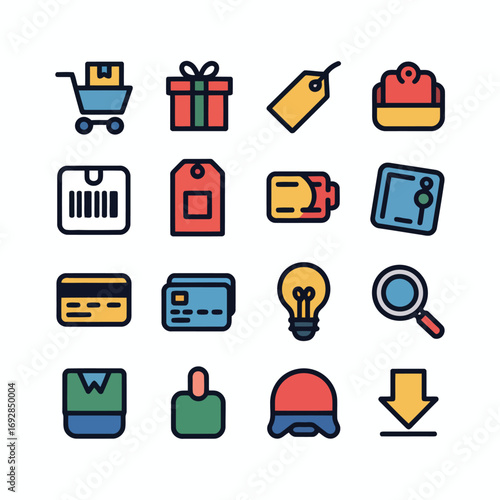 Collection of colorful flat icons representing online shopping and e commerce services