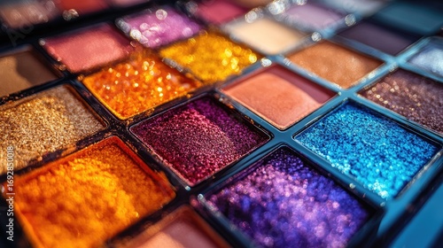Close-up colorful eyeshadow palette, vibrant hues, and textures