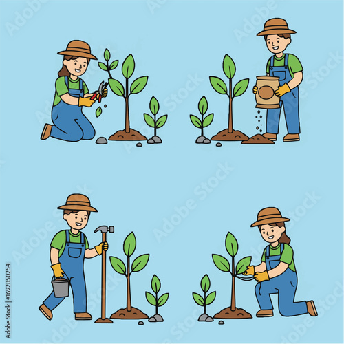 People Planting Trees and Caring for Saplings in a Garden Setting