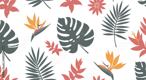Tropical seamless vector pattern with leaves and exotic flowers in flat design, ideal for stationery, wallpapers, and textile projects.