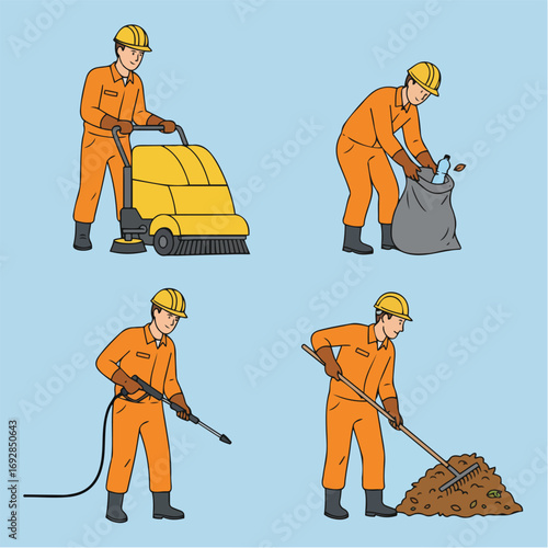 Worker Performing Various Cleaning and Maintenance Tasks for Sanitation and Hygiene